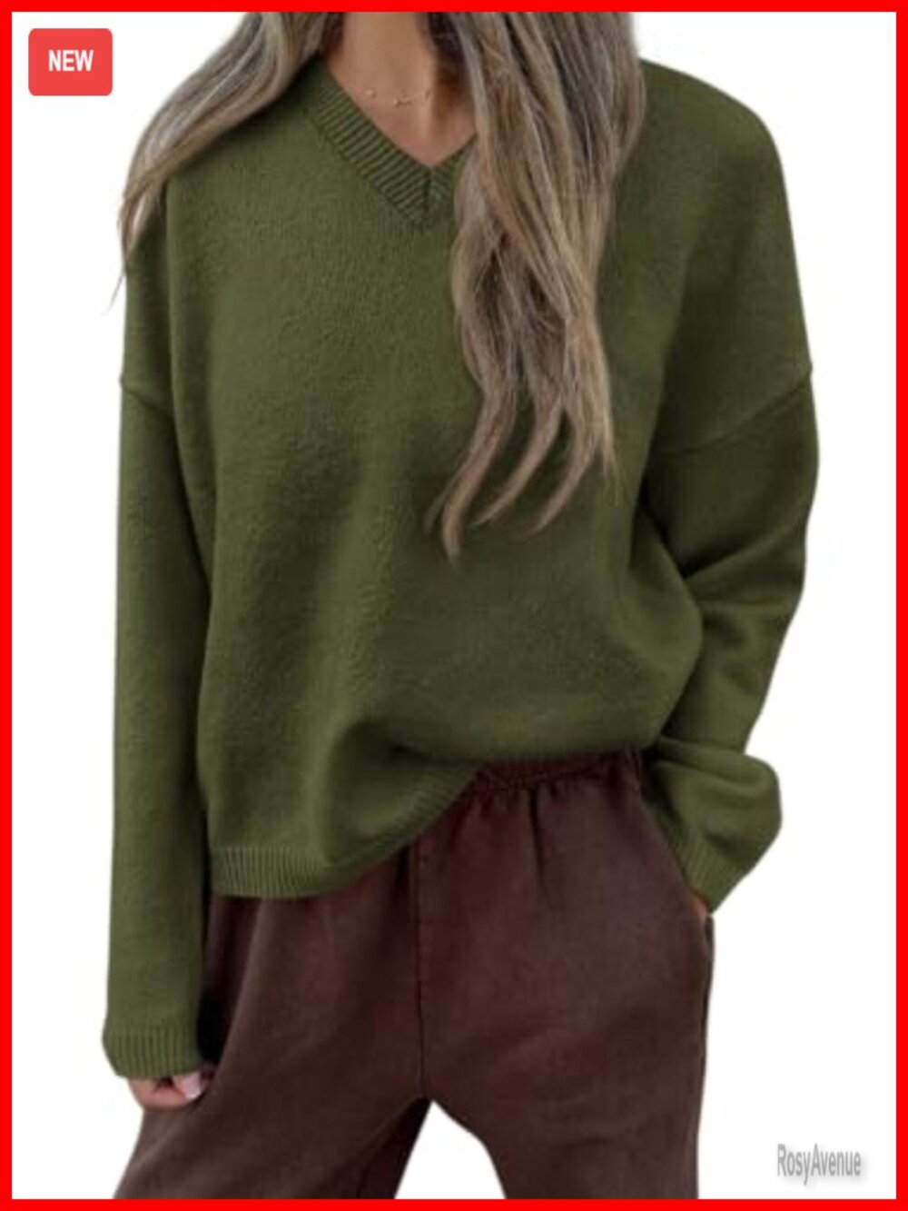 Women's Cozy V Neck Pullover Sweater Drop Shoulder Knit Long Sleeve